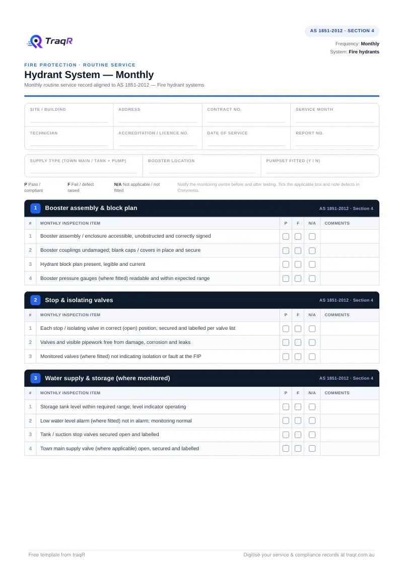 Hydrant System — Monthly Inspection Checklist preview