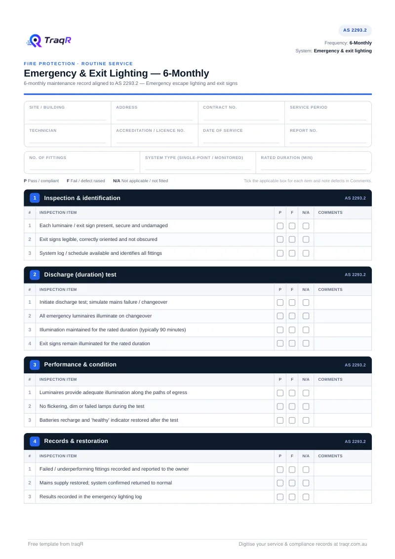 Emergency & Exit Lighting — 6-Monthly Inspection Checklist preview