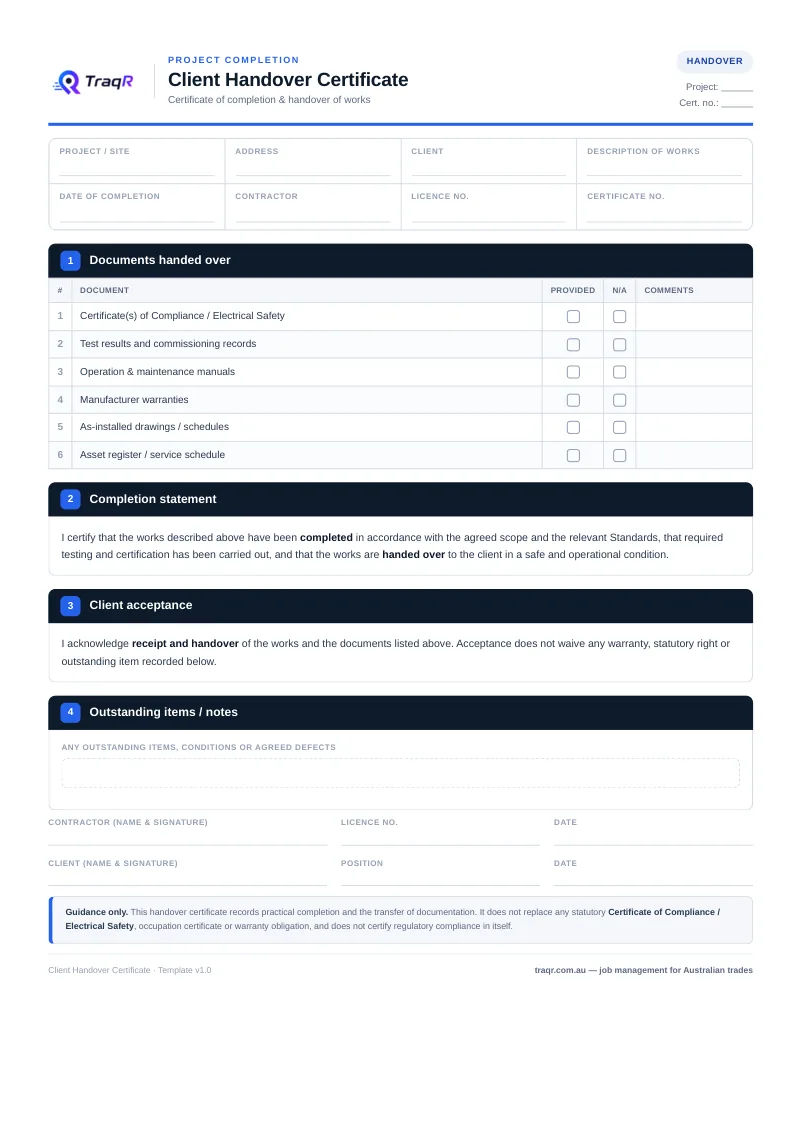 Client Handover Certificate preview