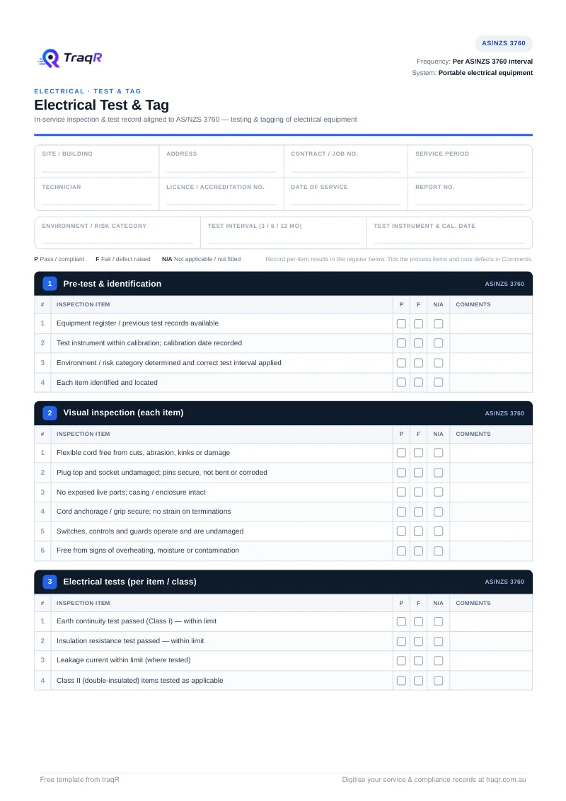 Electrical Test & Tag — In-Service Inspection Record preview