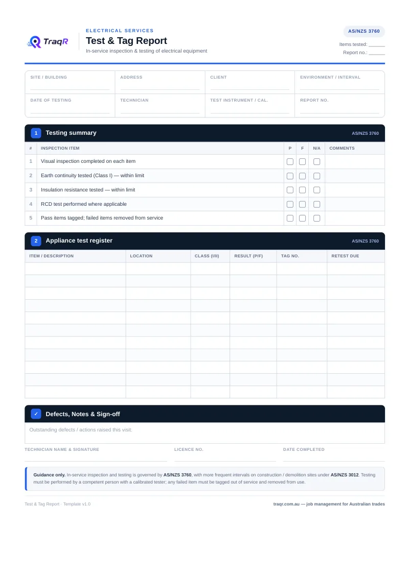 Test & Tag Report preview