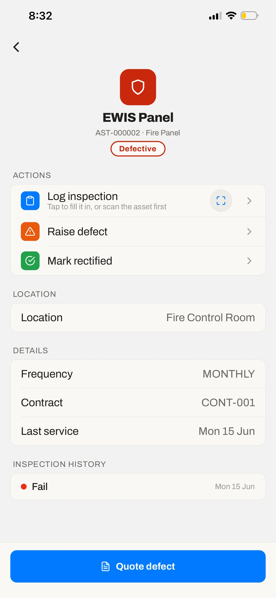 A defective asset in the traqR field app, ready to quote