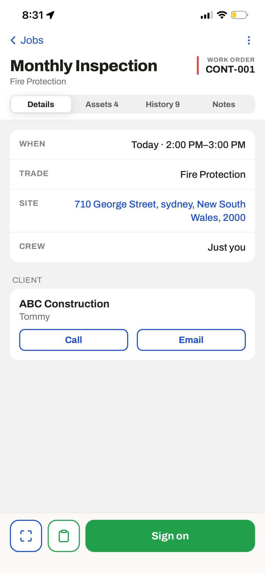Job details in the traqR field app