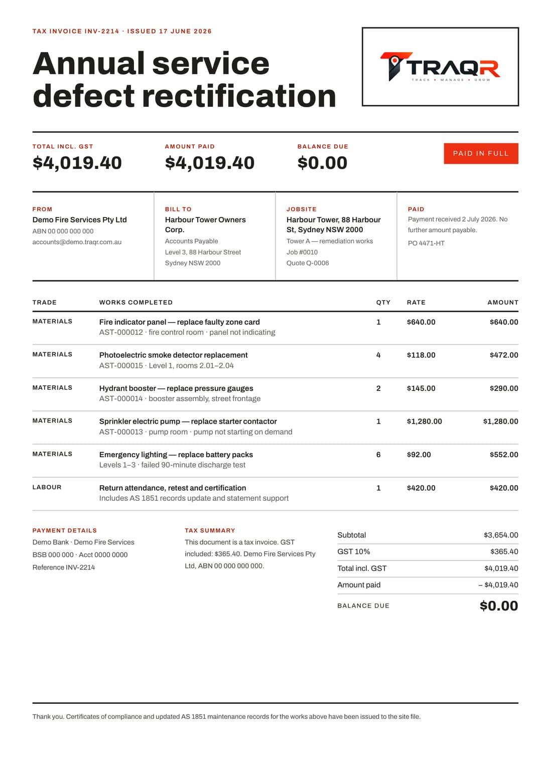 A traqR tax invoice for defect rectification