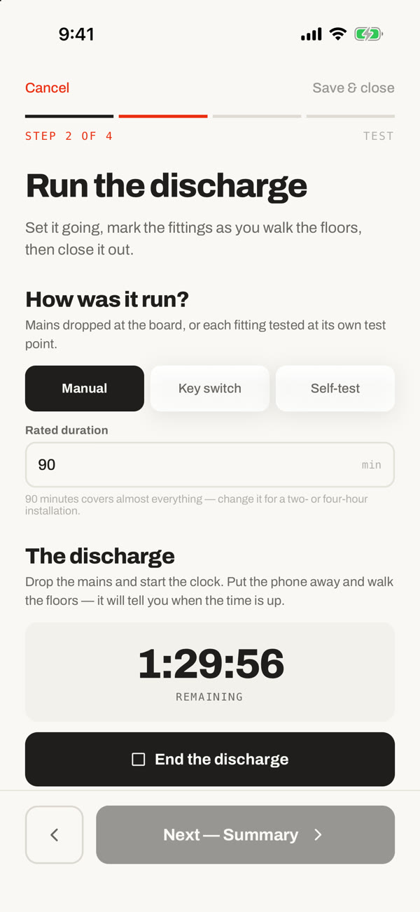 Emergency lighting discharge timer in the traqR field app