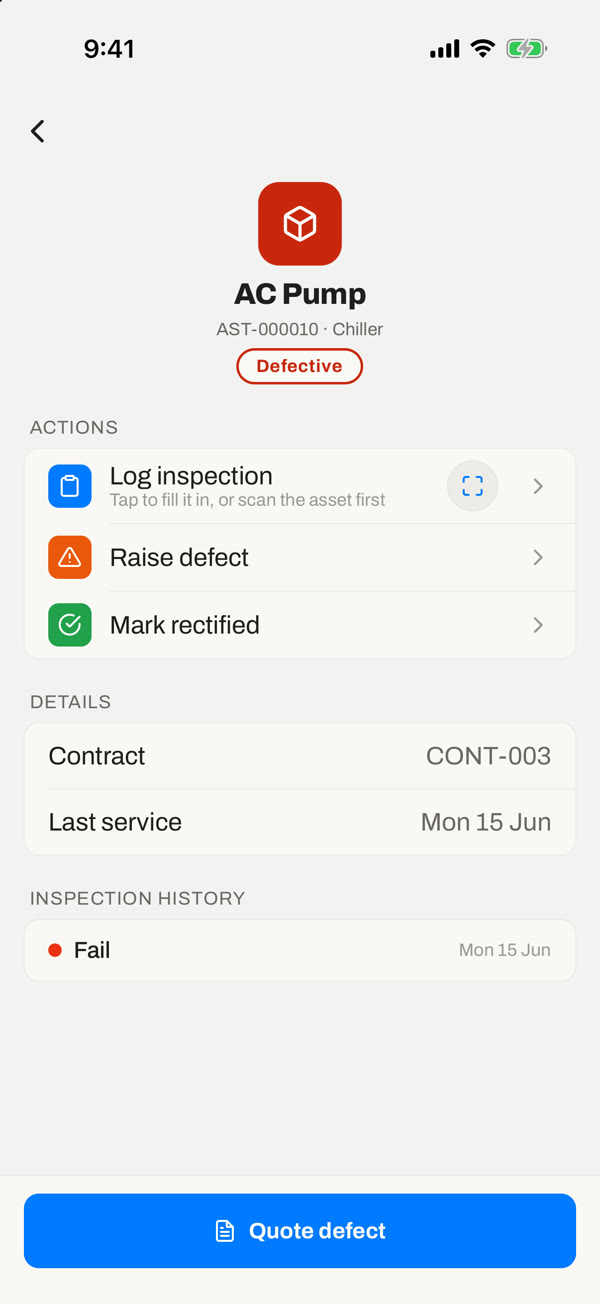 A defective fire asset in the traqR field app